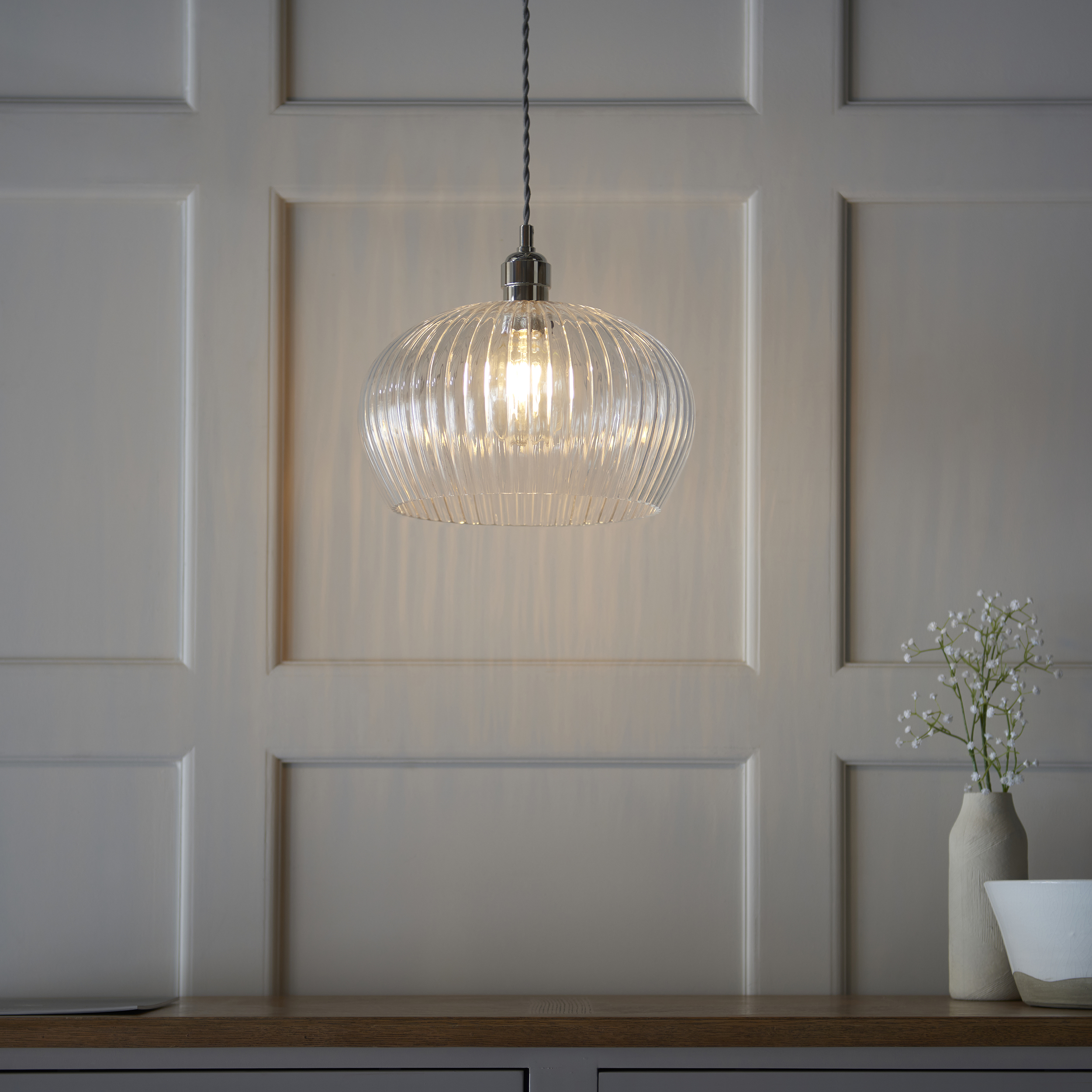 Lucent - Ribbed clear glass and bright nickel medium pendant