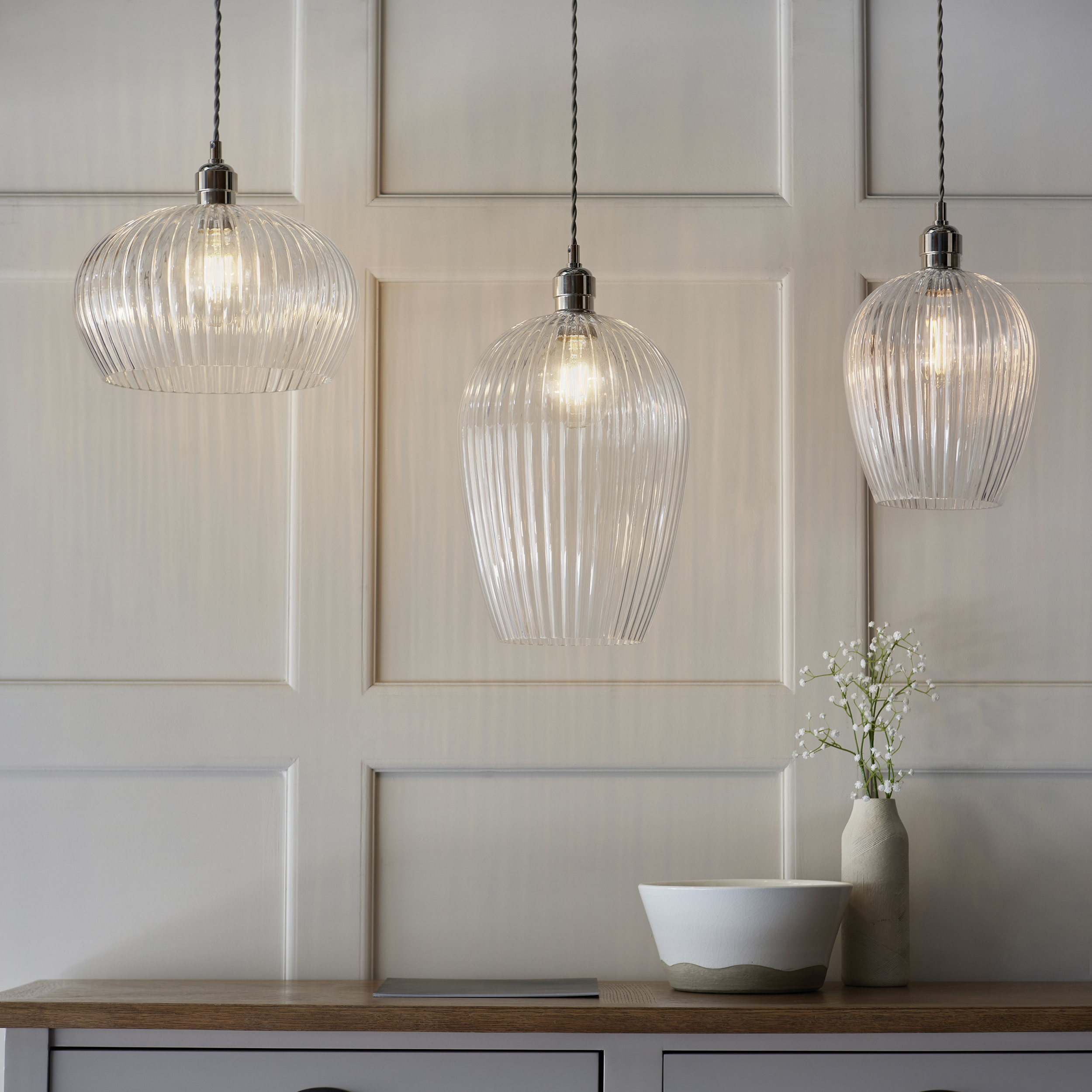 Lucent - Ribbed clear glass and bright nickel medium pendant